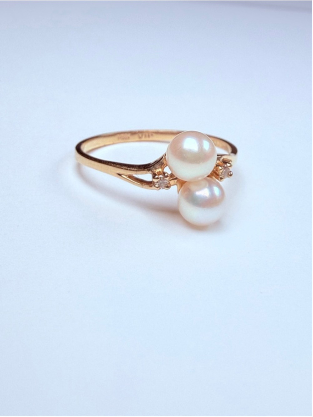 14K Solid Yellow Gold Genuine Diamond & 5MM Bypass Double Pearl VTG Ring - Picture 13 of 13